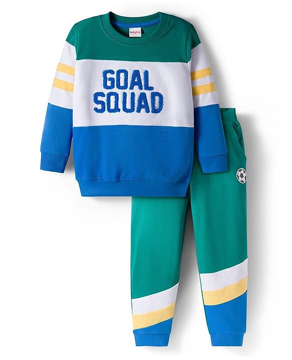 Babyhug Terry Knit Premium Light Gauge Terry Full Sleeves T-Shirt and Joggers Set with Goal Squad Text Design - Green & Blue