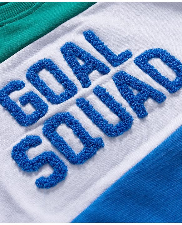 Babyhug Terry Knit Premium Light Gauge Terry Full Sleeves T-Shirt and Joggers Set with Goal Squad Text Design - Green & Blue