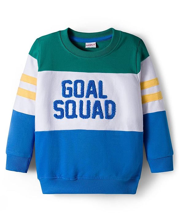 Babyhug Terry Knit Premium Light Gauge Terry Full Sleeves T-Shirt and Joggers Set with Goal Squad Text Design - Green & Blue