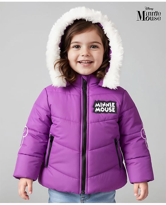 Babyhug Disney Woven Full Sleeves Hooded Padded Jacket With Minnie & Friends Graphics & Fur Detailing - Purple