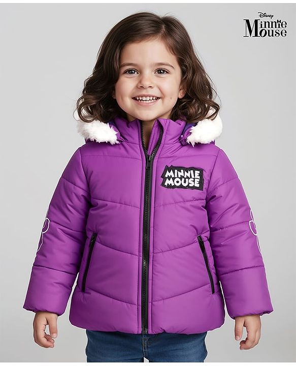 Babyhug Disney Woven Full Sleeves Hooded Padded Jacket With Minnie & Friends Graphics & Fur Detailing - Purple