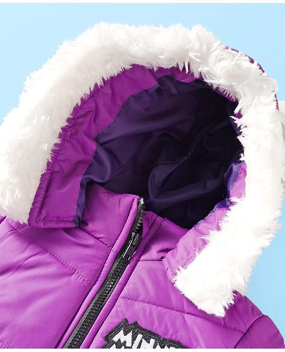 Babyhug Disney Woven Full Sleeves Hooded Padded Jacket With Minnie & Friends Graphics & Fur Detailing - Purple
