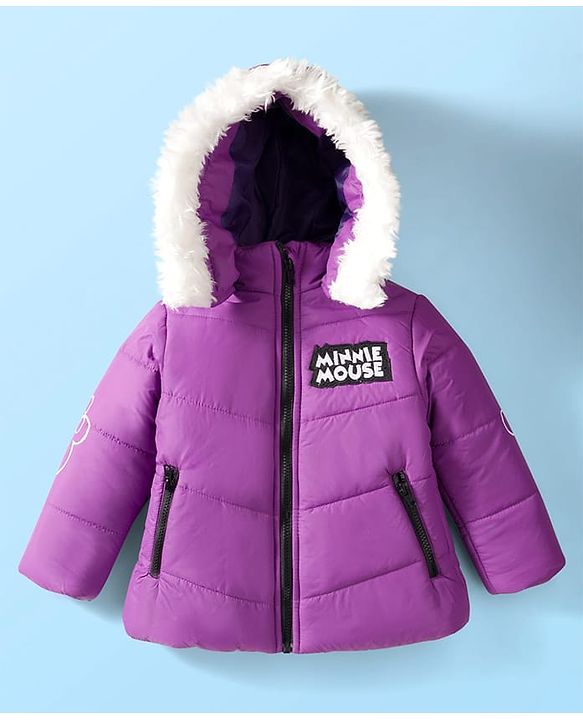 Babyhug Disney Woven Full Sleeves Hooded Padded Jacket With Minnie & Friends Graphics & Fur Detailing - Purple