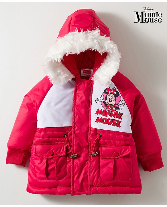 Babyhug Disney Woven Full Raglan Sleeves Hooded Padded Jacket with Minnie Mouse Print - Red