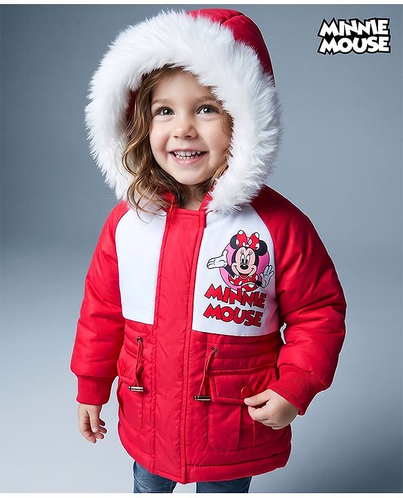 Babyhug Disney Woven Full Raglan Sleeves Hooded Padded Jacket with Minnie Mouse Print - Red