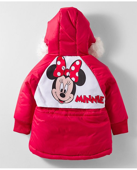 Babyhug Disney Woven Full Raglan Sleeves Hooded Padded Jacket with Minnie Mouse Print - Red