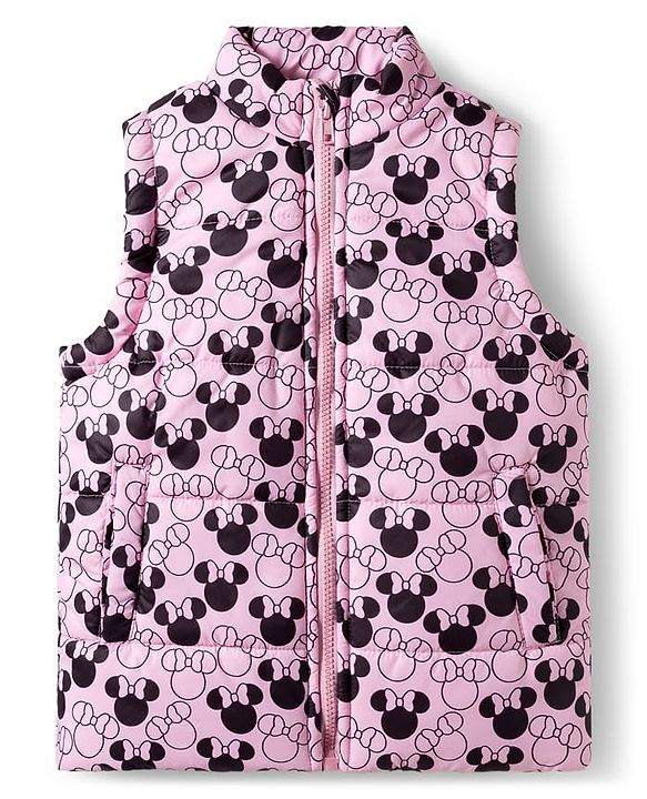 Babyhug Disney Fleece Woven Full Sleeves Hooded Sweatshirt With Sleeveless Padded Jacket With Minnie Mouse Graphic - Pink