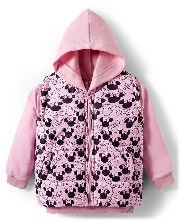 Babyhug Disney Fleece Woven Full Sleeves Hooded Sweatshirt With Sleeveless Padded Jacket With Minnie Mouse Graphic - Pink