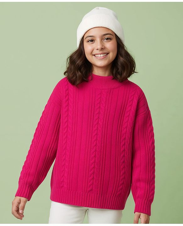 Pine Kids Knit Full Sleeves Pullover Sweater with Cable Knit Design - Dark Pink