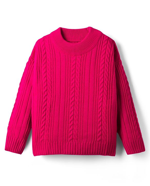 Pine Kids Knit Full Sleeves Pullover Sweater with Cable Knit Design - Dark Pink