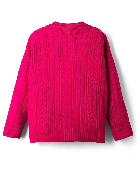 Pine Kids Knit Full Sleeves Pullover Sweater with Cable Knit Design - Dark Pink