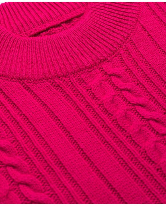 Pine Kids Knit Full Sleeves Pullover Sweater with Cable Knit Design - Dark Pink