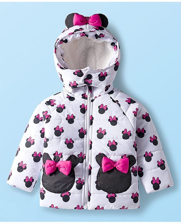 Babyhug Disney Woven Full Sleeves Hooded Winter Jacket With Minnie Mouse Print & Ear Bow Applique - White