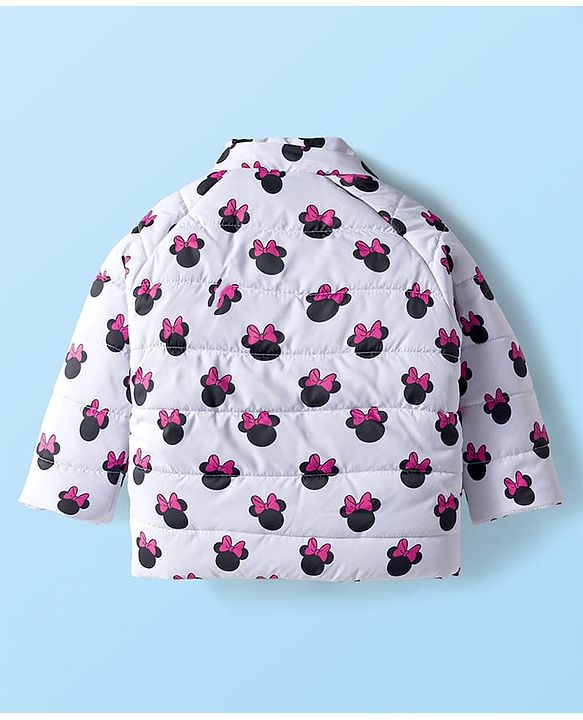 Babyhug Disney Woven Full Sleeves Hooded Winter Jacket With Minnie Mouse Print & Ear Bow Applique - White