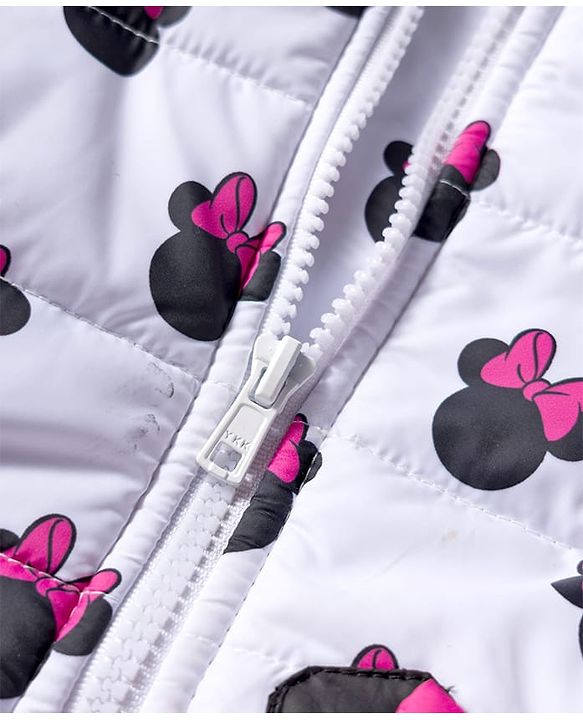 Babyhug Disney Woven Full Sleeves Hooded Winter Jacket With Minnie Mouse Print & Ear Bow Applique - White