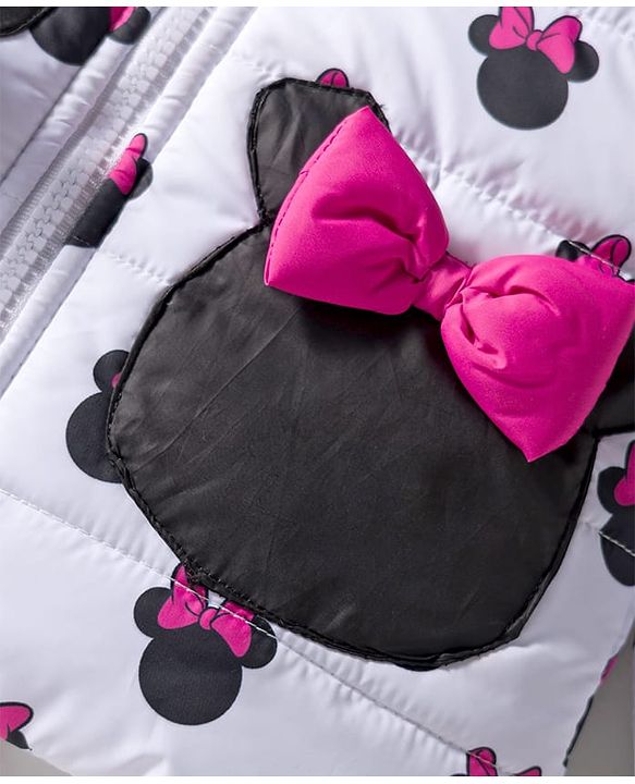 Babyhug Disney Woven Full Sleeves Hooded Winter Jacket With Minnie Mouse Print & Ear Bow Applique - White