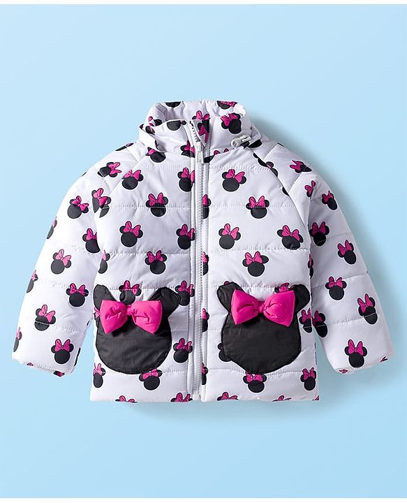 Babyhug Disney Woven Full Sleeves Hooded Winter Jacket With Minnie Mouse Print & Ear Bow Applique - White