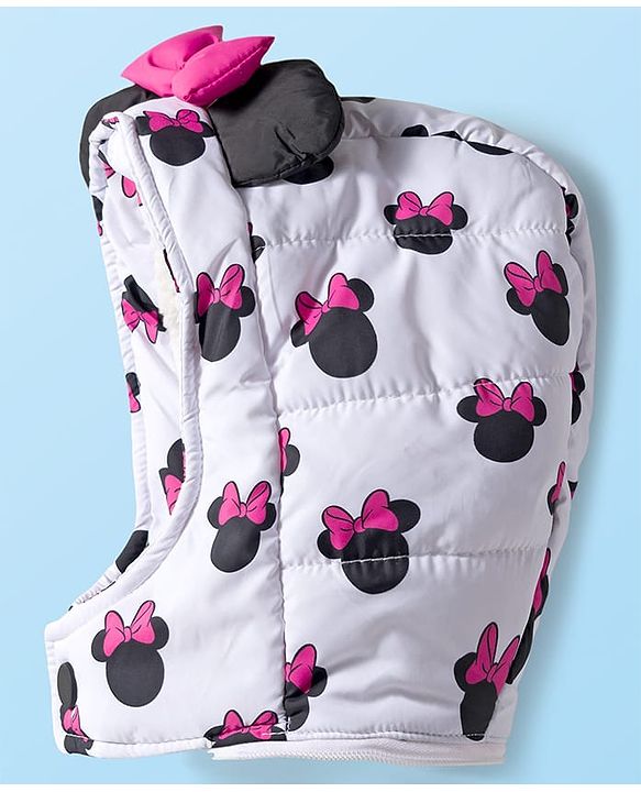 Babyhug Disney Woven Full Sleeves Hooded Winter Jacket With Minnie Mouse Print & Ear Bow Applique - White