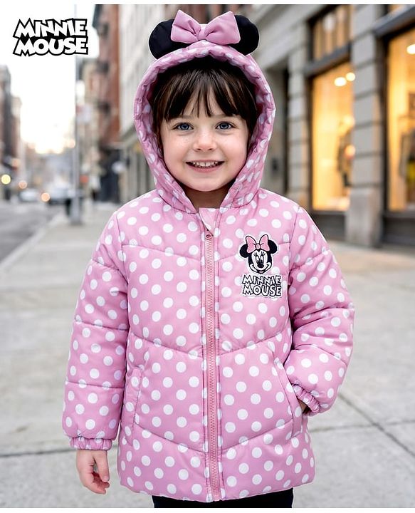 Babyhug Disney Woven Full Sleeves Hooded Winter Jacket With Minnie Mouse Graphics & Ear Bow Applique - Pink