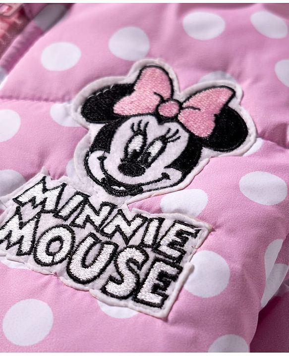 Babyhug Disney Woven Full Sleeves Hooded Winter Jacket With Minnie Mouse Graphics & Ear Bow Applique - Pink