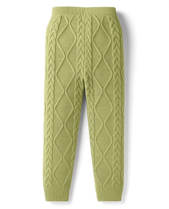 Pine Kids Knitted Full Sleeves Sweater Set With Cable Knit Design - Green