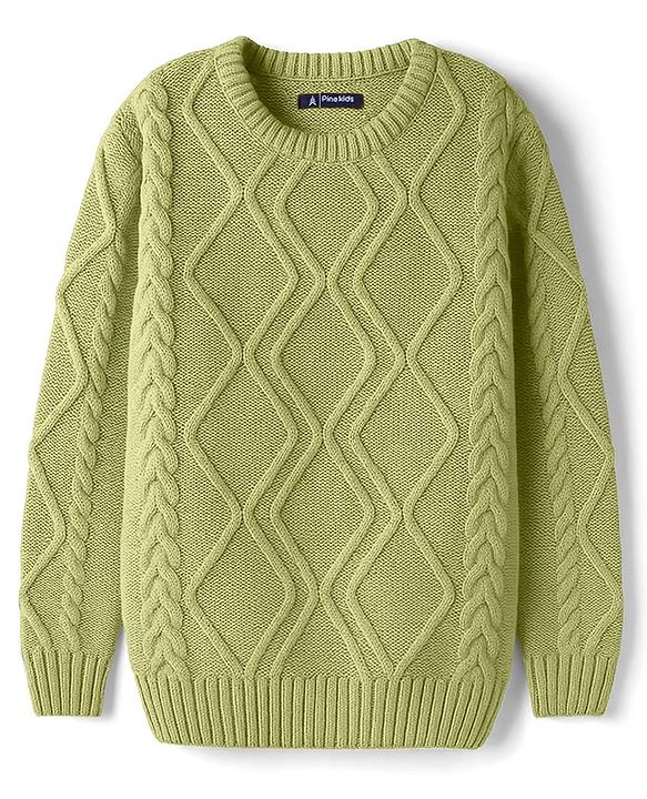 Pine Kids Knitted Full Sleeves Sweater Set With Cable Knit Design - Green