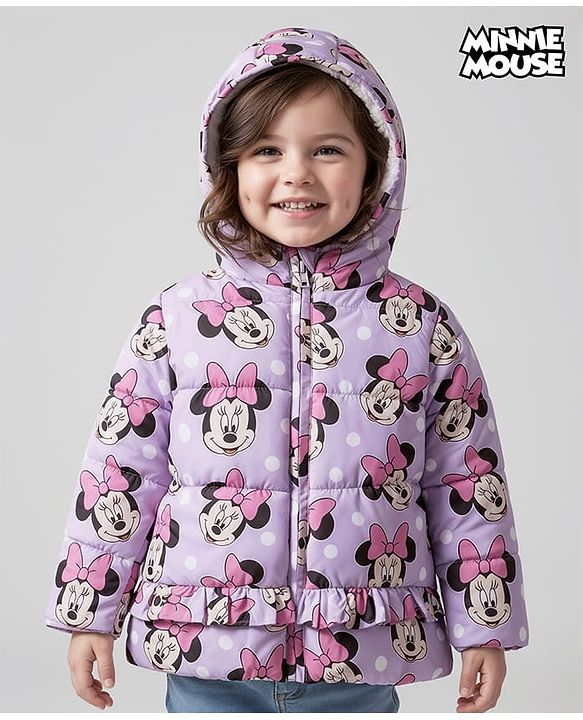 Babyhug Disney Woven Full Sleeves Hooded Winter Jacket With Minnie Mouse Print - Pink