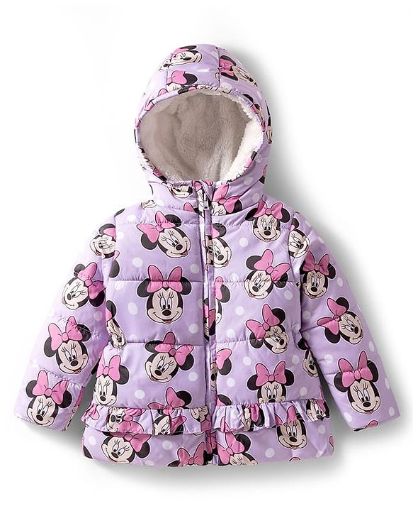 Babyhug Disney Woven Full Sleeves Hooded Winter Jacket With Minnie Mouse Print - Pink