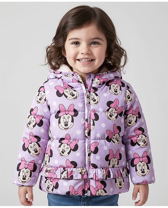 Babyhug Disney Woven Full Sleeves Hooded Winter Jacket With Minnie Mouse Print - Pink