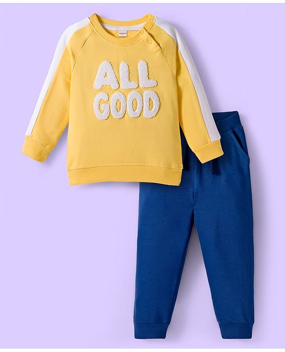Babyhug Terry Knit Premium Light Gauge Terry Full Sleeves T-Shirt & Jogger Set with All Good Text Print - Yellow & Blue