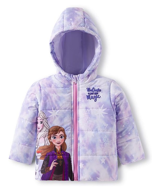 Babyhug Disney Woven Full Sleeves Hooded Padded Jacket with Elsa & Anna Graphic - Multicolor