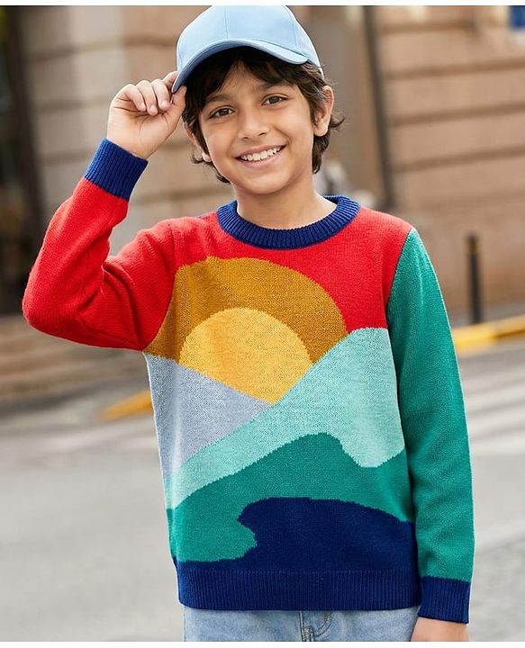 Pine Kids Knit Full Sleeves Pullover Sweater with Abstract Design - Multicolor