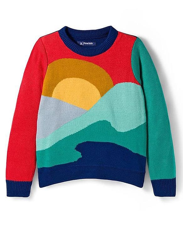 Pine Kids Knit Full Sleeves Pullover Sweater with Abstract Design - Multicolor