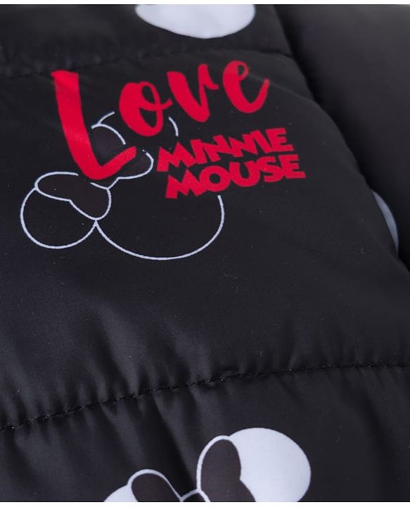 Babyhug Disney Woven Full Sleeves Hooded Padded Jacket With Minnie Mouse Print & Ear Bow Applique - Black