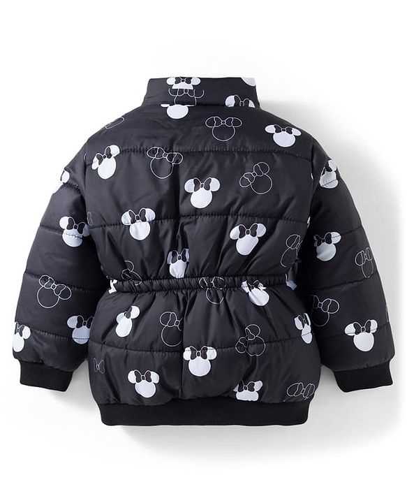 Babyhug Disney Woven Full Sleeves Hooded Padded Jacket With Minnie Mouse Print & Ear Bow Applique - Black