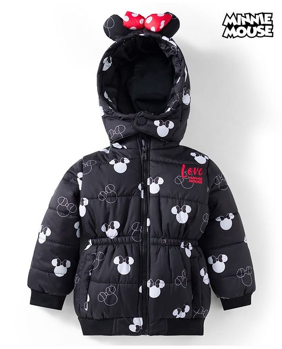 Babyhug Disney Woven Full Sleeves Hooded Padded Jacket With Minnie Mouse Print & Ear Bow Applique - Black