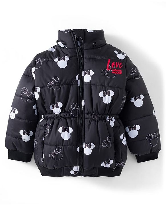 Babyhug Disney Woven Full Sleeves Hooded Padded Jacket With Minnie Mouse Print & Ear Bow Applique - Black