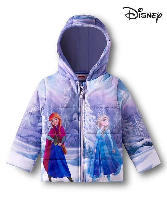 Babyhug Disney Woven Full Sleeves Hooded Padded Jacket With Elsa & Anna Graphics - Lavender