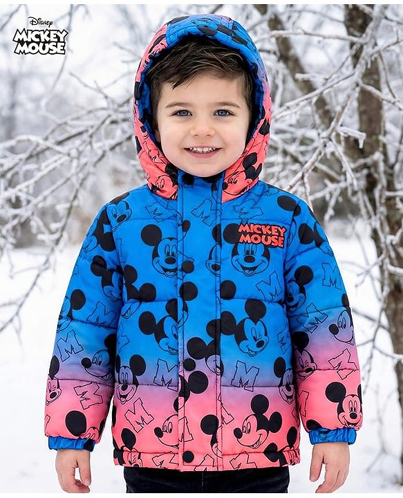 Babyhug Woven Full Sleeves Hooded Padded Jacket With Mickey & Friends Print & Ombre Effect - Multicolor