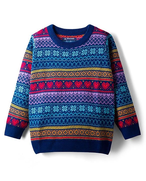 Pine Kids Knit Full Sleeves Pullover Sweater with Fair Isle Design - Blue