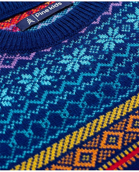 Pine Kids Knit Full Sleeves Pullover Sweater with Fair Isle Design - Blue