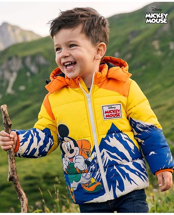 Babyhug Disney Woven Full Sleeves Hooded Winter Jacket With Mickey Mouse Graphics & Patch - Yellow