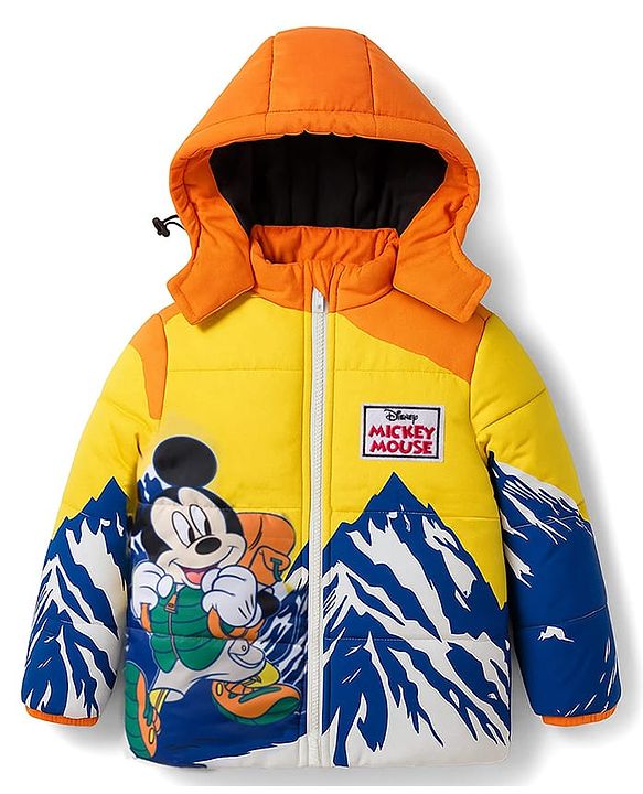 Babyhug Disney Woven Full Sleeves Hooded Winter Jacket With Mickey Mouse Graphics & Patch - Yellow