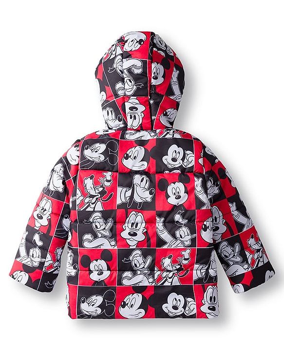 Babyhug Disney Woven Full Sleeves Hooded Winter Jacket With Mickey & Friends Print - Red