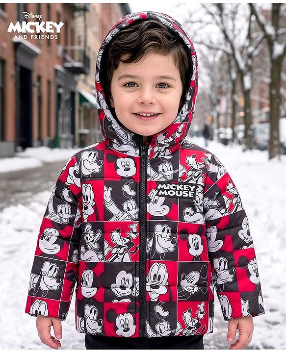 Babyhug Disney Woven Full Sleeves Hooded Winter Jacket With Mickey & Friends Print - Red
