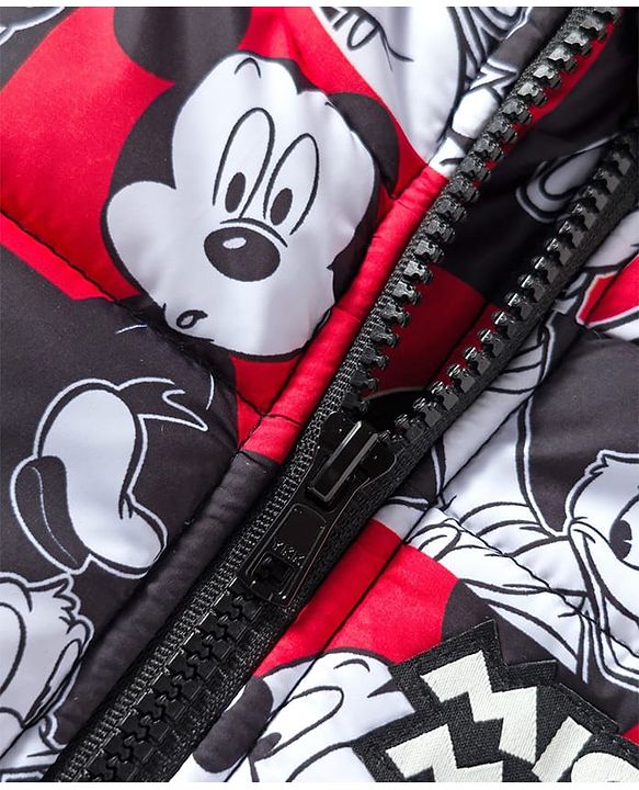 Babyhug Disney Woven Full Sleeves Hooded Winter Jacket With Mickey & Friends Print - Red