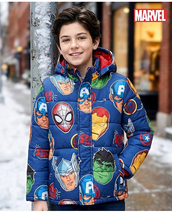 Pine Kids Marvel Woven Full Sleeves Winter Jacket With Avengers Print & Detachable Hood - Navy Blue