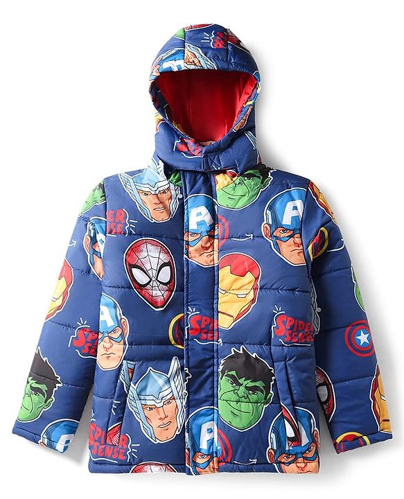 Pine Kids Marvel Woven Full Sleeves Winter Jacket With Avengers Print & Detachable Hood - Navy Blue