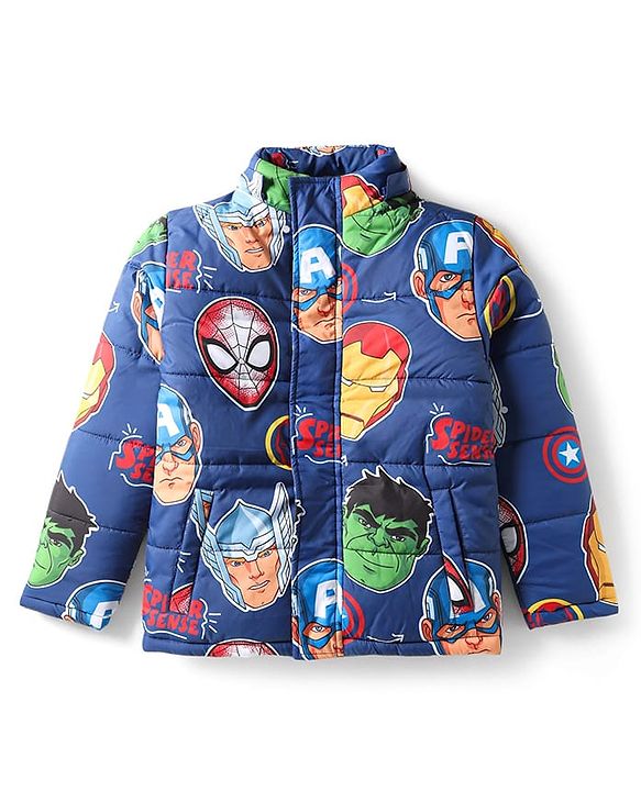 Pine Kids Marvel Woven Full Sleeves Winter Jacket With Avengers Print & Detachable Hood - Navy Blue