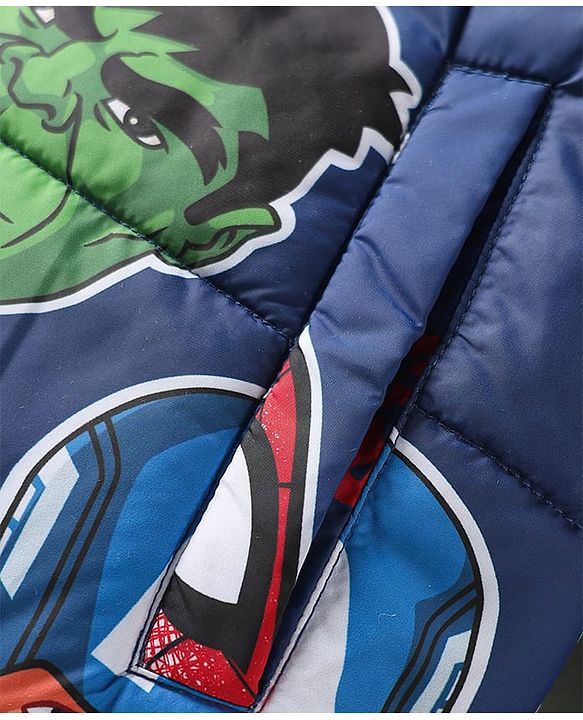 Pine Kids Marvel Woven Full Sleeves Winter Jacket With Avengers Print & Detachable Hood - Navy Blue